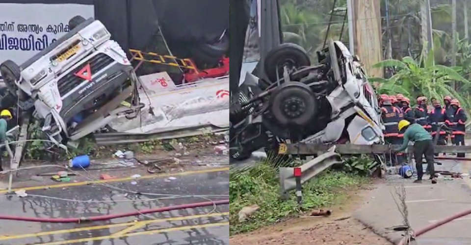 gas tanker lorry overturned in kottarakkara mc road