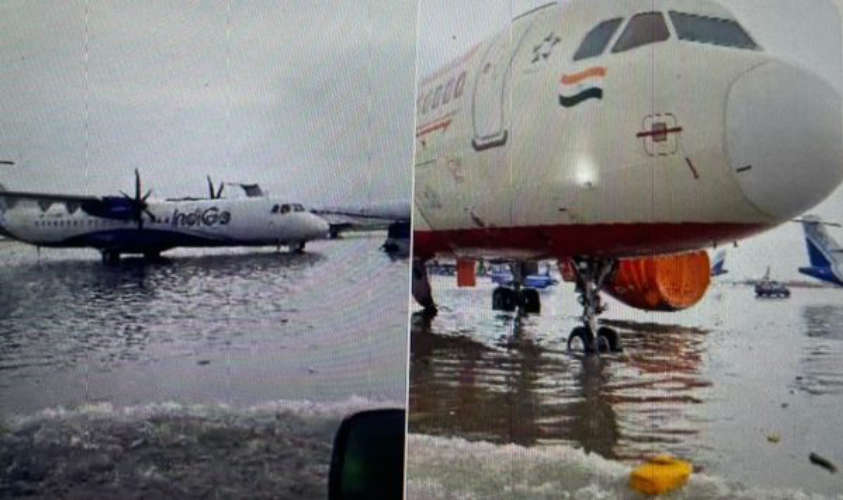 Kolkata Airport Flooded Planes Parked On Waterlogged Taxiways